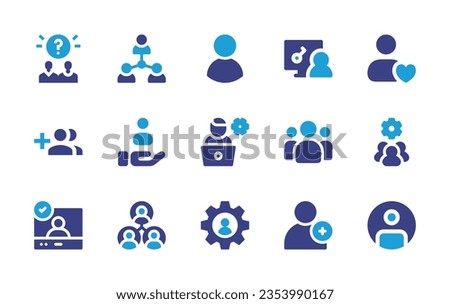 User icon set. Duotone color. Vector illustration. Containing doubt, people, profile, access, user avatar, create group button, system administrator, customer, group, verified user, user experience.