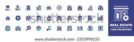 Real estate icon collection. Duotone color. Vector and transparent illustration. Containing house, broker, home, target, thumb down, statistic, real estate, family, kutcha, home repair, and more.