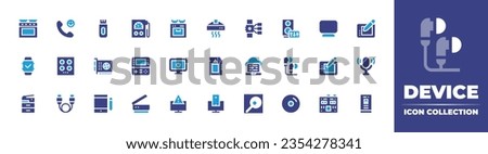 Device icon collection. Duotone color. Vector and transparent illustration. Containing screen, wacom, graphic tablet, voice microphone, motherboard, mobile phone, oven, calling, smartwatch, and more.