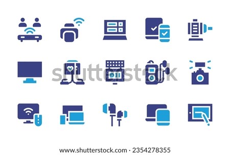 Device icon set. Duotone color. Vector illustration. Containing users, printer, responsive, water pump, notebook, television, cardiogram, devices, ipod, camera flash, graphic tablet, extensometer.