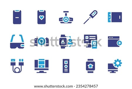 Device icon set. Duotone color. Vector illustration. Containing vascular closure device, multiple, tablet, add, minus, love, vr glasses, projector, smartwatch, computer, hdmi, responsive.