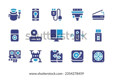 Device icon set. Duotone color. Vector illustration. Containing adapter, devices, pot, idea, ipod, dvd player, vga cable, remote control, scanner, virus, responsive design, extractor, turntable.