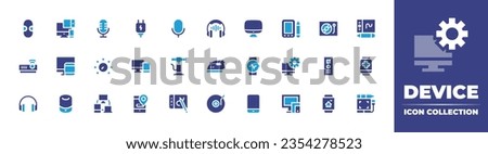 Device icon collection. Duotone color. Vector and transparent illustration. Containing mouse, responsive, projector, computer, headphones, portable speaker, graphic tablet, smartwatch, mic, and more.