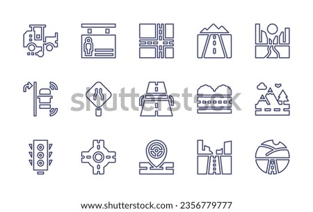 Road line icon set. Editable stroke. Vector illustration. Containing road marking truck, pedestrian, road, right turn, traffic light, traffic sign, roundabout, highway, location, mountain road.