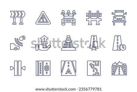 Road line icon set. Editable stroke. Vector illustration. Containing road, continuous line, bus lane, overtake, highway, diversion, toll, side, future, car rental, traffic cone, road barrier, off road