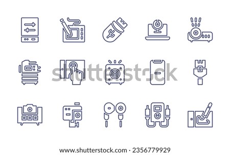 Device line icon set. Editable stroke. Vector illustration. Containing camera, action camera, earphones, voltmeter, graphic tablet, photocopier, touchpad, usb drive, speaker, webcam, minus, video.