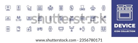 Device line icon collection. Editable stroke. Vector illustration. Containing computer, bluetooth, laptop, router device, settings, gear, air pump, ram memory, power bank, amplifier, harddrive.