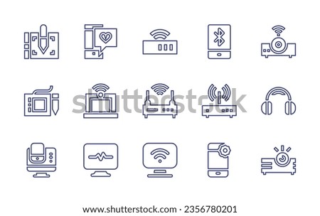Device line icon set. Editable stroke. Vector illustration. Containing connection, router, bluetooth, router device, projector device, headphones, graphic tablet, smartphone, laptop, devices, monitor.