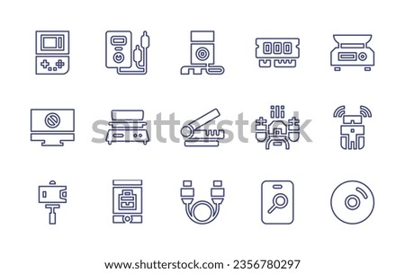 Device line icon set. Editable stroke. Vector illustration. Containing mp player, scanner, tester, weight, ram memory, scale, drone, tracker, game console, computer, cable, mobile, search, disc.