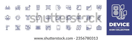 Device line icon collection. Editable stroke. Vector illustration. Containing smartphone, heart rate, ecg, add, responsive, gps navigator, devices, phone, router device, projector device, device.