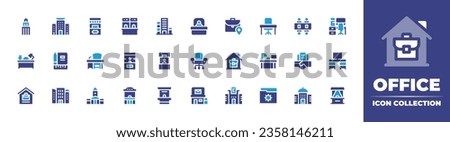 Office icon collection. Duotone color. Vector illustration. Containing desk, office supplies, work from home, building, boss, pin, chair, home, folder, post office, office, meeting, workplace, deal.