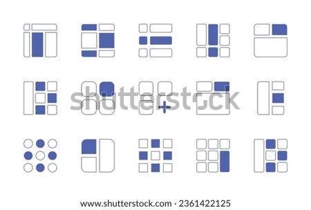 Grid icon set. Duotone style line stroke and bold. Vector illustration. Containing list, grid, bottom alignment, layout, menu, element, left, sections, content.