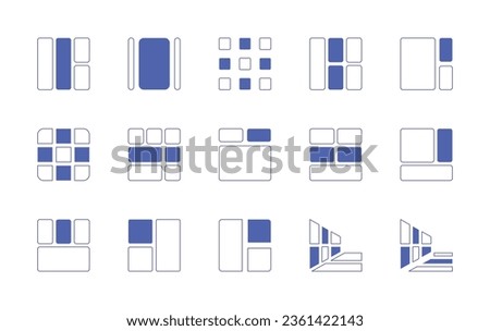 Grid icon set. Duotone style line stroke and bold. Vector illustration. Containing grid, center, menu, left, sections, bottom view, layout, body, bar, bottom, slider navigation, perspective.
