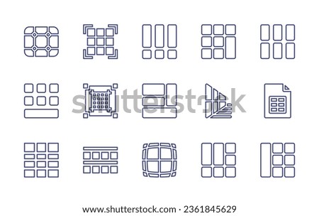 Grid line icon set. Editable stroke. Vector illustration. Containing grid, bars, footer, content, pieces, perspective, sheet, bottom alignment, left.