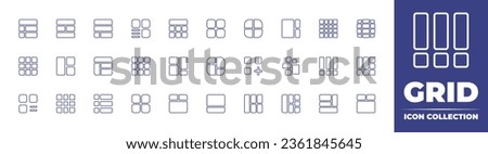 Grid line icon collection. Editable stroke. Vector illustration. Containing list, layout, grid, listing, blocks, news, grid lines, bars, bottom alignment, footer, sections.