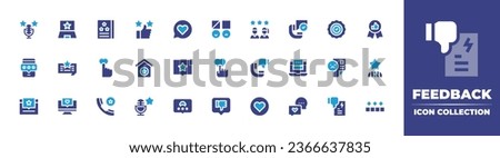 Feedback icon collection. Duotone color. Vector illustration. Containing call, love, chat box, review, love message, favorite, telephone, star, podcast, laptop, rating, chat, opinion, like, badge.