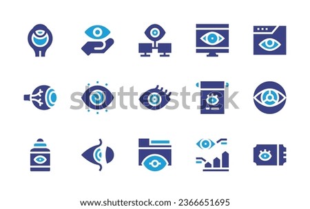 Eye icon set. Duotone color. Vector illustration. Containing eye, eye balls, research, vision, monitoring, analytics, hypnosis, eyelash, scroll, eye contour, ticket, contact lens, views.