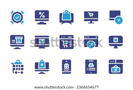 Ecommerce icon set. Duotone color. Vector illustration. Containing online store, online shopping, online shop, web, laptop, quality control, delivery, shopping cart, close, smartphone.