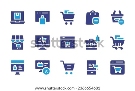 Ecommerce icon set. Duotone color. Vector illustration. Containing laptop, ecommerce, minus, shopping cart, shopping bag, purchase, online shop, online shopping, meeting.