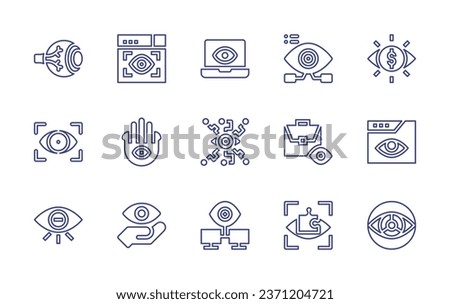 Eye line icon set. Editable stroke. Vector illustration. Containing eye balls, attractive, spy, visualization, astute, eye scan, eyes, hamsa, visibility, briefcase, research, vision, monitoring.