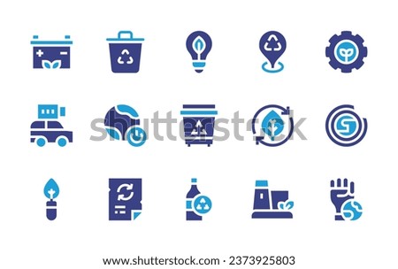 Ecology icon set. Duotone color. Vector illustration. Containing light bulb, recycle bin, glass bottle, bin, location pin, cogwheel, turn off, leaf, ozone layer, paper, recycling plant, mother earth.