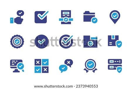 Checkmark icon set. Duotone color. Vector illustration. Containing checked, checkmark, approval, verified, checking, feedback, folder, approved, check, trusted, opinion, location pin, box, server.