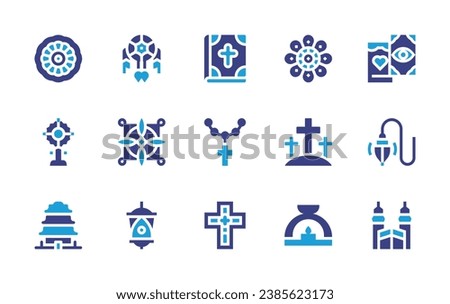 Spirituality icon set. Duotone color. Vector illustration. Containing mandala, host, calvary, pagoda, incense, bible, rosary, dream catcher, tarot, the witch knot, pendulum, lantern, kaaba, cross.