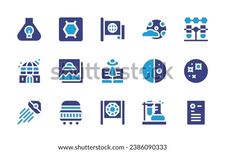 Science icon set. Duotone color. Vector illustration. Containing political science, science fiction, science fair, full moon, first quarter, chemistry, mercury, report, cell, photo, ufo, innovation.