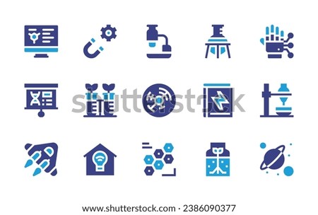 Science icon set. Duotone color. Vector illustration. Containing microscope, science, magnet, mechanical arm, test tubes, light bulb, laboratory, cell, cells, presentation, separating funnel.