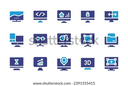 Computer screen icon set. Duotone color. Vector illustration. Containing coding, monitor, tv, analysis, resize, responsive, waiting, reading mode, crop, analytics, 3d, ddos, folder, placeholder.