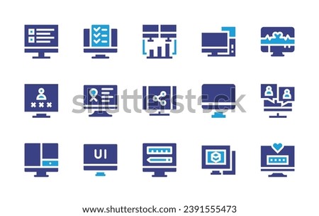 Computer screen icon set. Duotone color. Vector illustration. Containing usability, computer, stats, heart beat, ui design, d modeling, account, share, videocall, devices, web design, satisfaction.