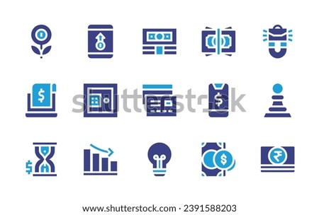 Business icon set. Duotone color. Vector illustration. Containing grow up, growth, money, promotion, cash, card, bulb, safebox, strategy, graph, rupees, receipt, mobile payment, time is money.