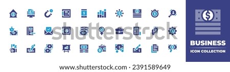 Business icon collection. Duotone color. Vector illustration. Containing magnet, investment, approve, suitcase, exchange, money, home, mobile, time is money, stopwatch, notes, payment, flag, analysis.