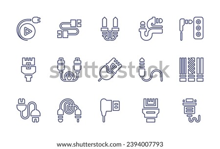 Cable line icon set. Editable stroke. Vector illustration. Containing plug and play, network, usb, cable, hdmi cable, audio jack, ethernet, usb charger.