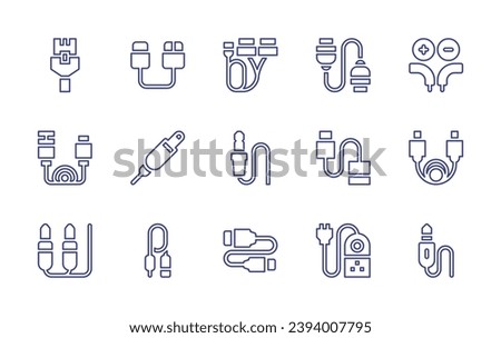 Cable line icon set. Editable stroke. Vector illustration. Containing ethernet, data, cable, jack cable, extension, dual, jack, usb connector.