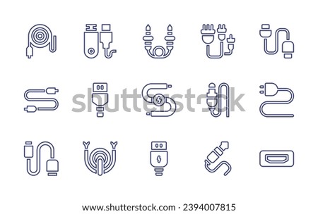 Cable line icon set. Editable stroke. Vector illustration. Containing audio jack, power, wire, cable, hdmi, usb, jack, cord, jack connector.