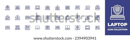 Laptop line icon collection. Editable stroke. Vector illustration. Containing laptop, chat, options, virtual event, videocall, sketch, target, hacker, cyber attack, observation, password, account.