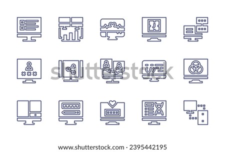 Computer screen line icon set. Editable stroke. Vector illustration. Containing usability, stats, heart beat, clock, data server, account, share, videocall, coding, color scheme, devices, web design.