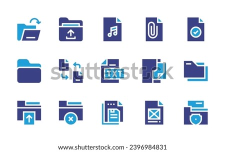 File icon set. Duotone color. Vector illustration. Containing open, folder, exchange, file upload, remove file, audio, file, text, files, save, police.