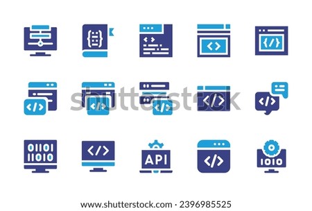 Programming icon set. Duotone color. Vector illustration. Containing coding, bracket, api, programming, meta, book, data, code, css, server, chat.