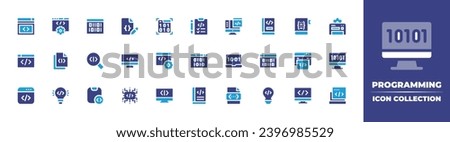 Programming icon collection. Duotone color. Vector and transparent illustration. Containing coding, bracket, development, edit code, planning, book, website, code, programming, binary code, web.