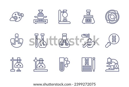 Science line icon set. Editable stroke. Vector illustration. Containing centrifuge, solar system, corrosion, dna, biology, microscope, flask, chemistry, full moon, litmus, weight scale, test tube.