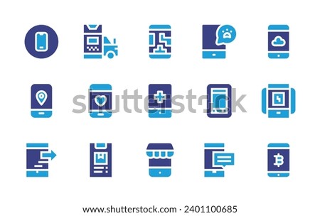 Smartphone icon set. Duotone color. Vector illustration. Containing smartphone, mobile app, mobile, tetris, health, online store.
