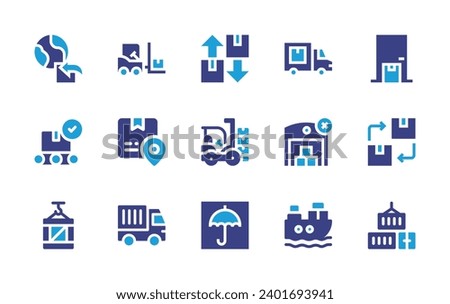 Logistics icon set. Duotone color. Vector illustration. Containing import, home delivery, box, renewable, package, containers, return box, shipment, construction vehicle, no stock, keep dry, cargo.