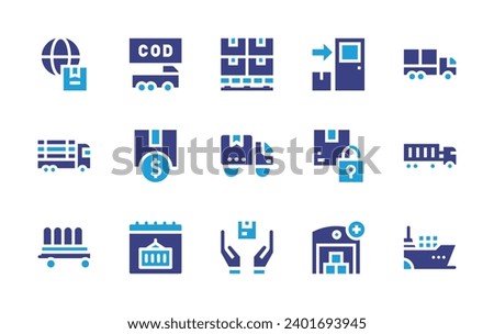 Logistics icon set. Duotone color. Vector illustration. Containing cash on delivery, invest, calendar, door delivery, delivery, transport, security, truck, long truck, add, wagon, ship, pallet.