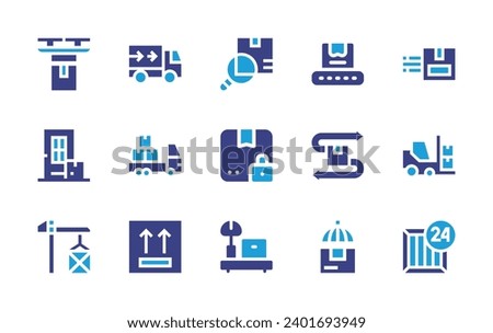 Logistics icon set. Duotone color. Vector illustration. Containing package, secure, scale, drone, fast delivery, truck, door delivery, lift, cargo crane, hours, side up, conveyor belt, delivery.