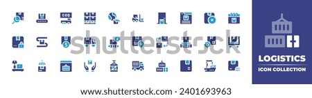Logistics icon collection. Duotone color. Vector and transparent illustration. Containing package, cash on delivery, import, home delivery, secure, invest, box, renewable, scale, calendar, containers.
