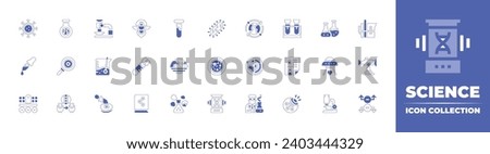 Science icon collection. Duotone style line stroke and bold. Vector illustration. Containing space robot, adn, hypothesis, orbit, search, layers, cloning, scientist, pipette, petri dish, test tube.