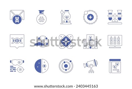 Science icon set. Duotone style line stroke and bold. Vector illustration. Containing envelope, dialogue, glasses, tube, full moon, first quarter, flask, test tube, big bang, data, solar system.