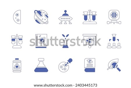 Science icon set. Duotone style line stroke and bold. Vector illustration. Containing half moon, test tube, battery, uranus, space, flask, ufo, brain, experiments, pipette, leaf, chemistry.